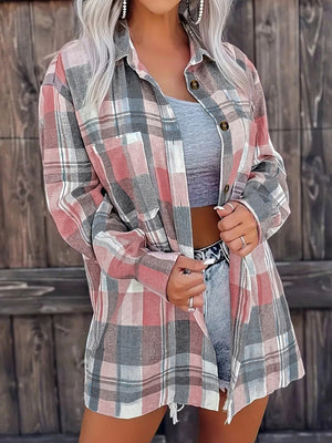 Oversized plaid shirt jacket in dusty pink with button front and relaxed fit.