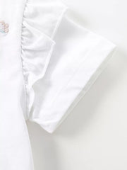 White baby dress with ruffled sleeves and a subtle embroidered butterfly detail.