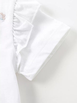 White baby dress with ruffled sleeves and a subtle embroidered butterfly detail.