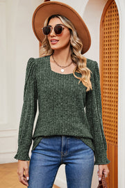 Dark Green Flounce Charm Square Neck Tee with puff sleeves and ruffled cuffs.