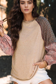 Paisley puff sleeve raglan tee in beige with contrast plaid and paisley print sleeves.