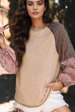 Paisley puff sleeve raglan tee in beige with contrast plaid and paisley print sleeves.