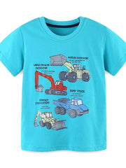 Blue cotton blend toddler t-shirt with construction vehicles graphic print.