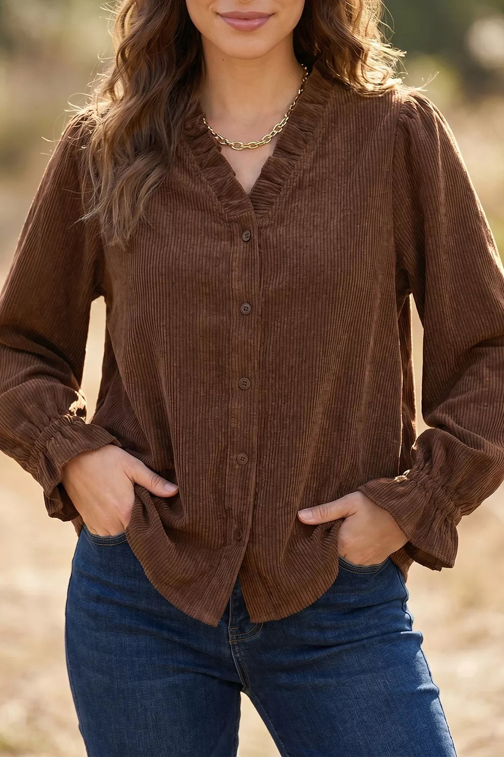 Solid Color Ruffle Trim V Neck Corduroy Jacket, close-up detail