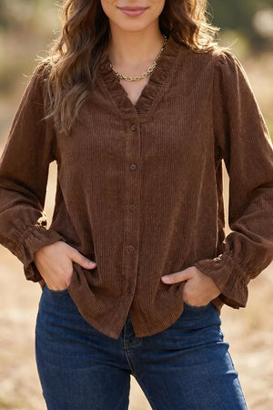 Solid Color Ruffle Trim V Neck Corduroy Jacket, close-up detail
