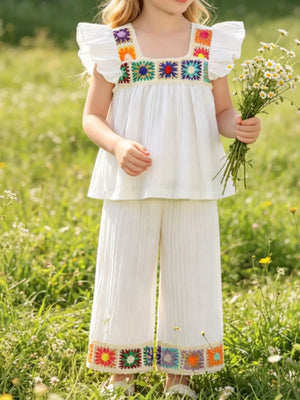 Children's Crochet Trimmed Top And Pants Set in White, front view
