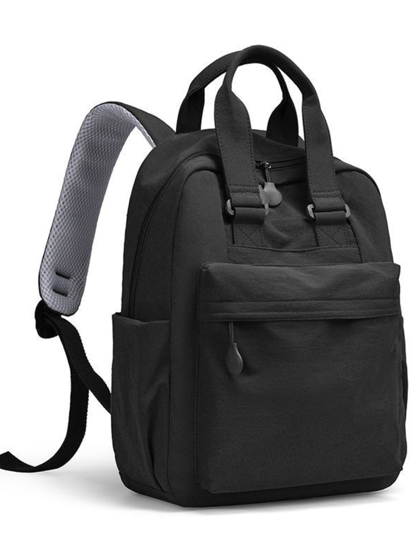 Black mini Oxford cloth backpack with top handles and breathable mesh strap detail.
