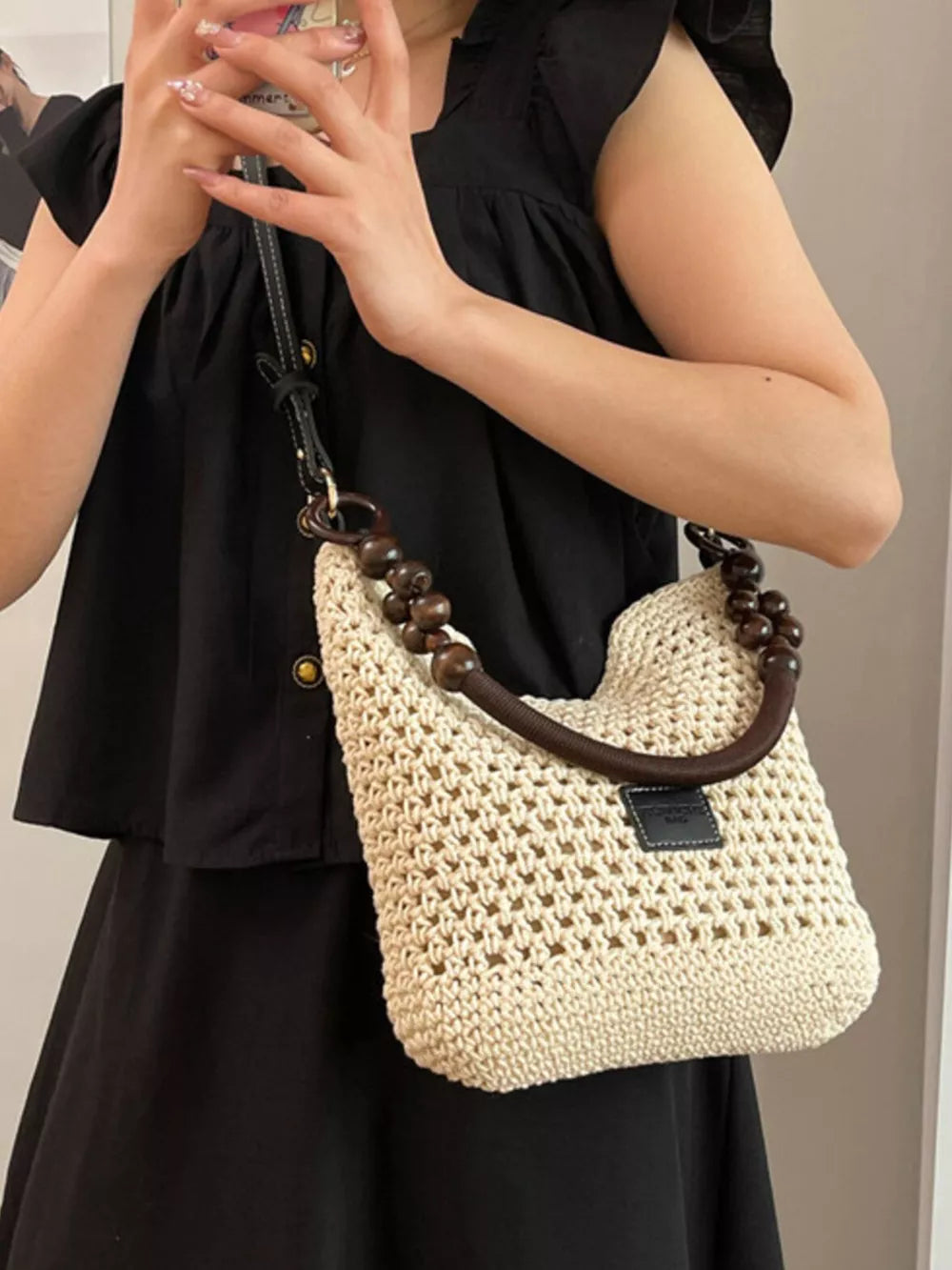 Crochet Knit Crossbody Bag in Cream, front view