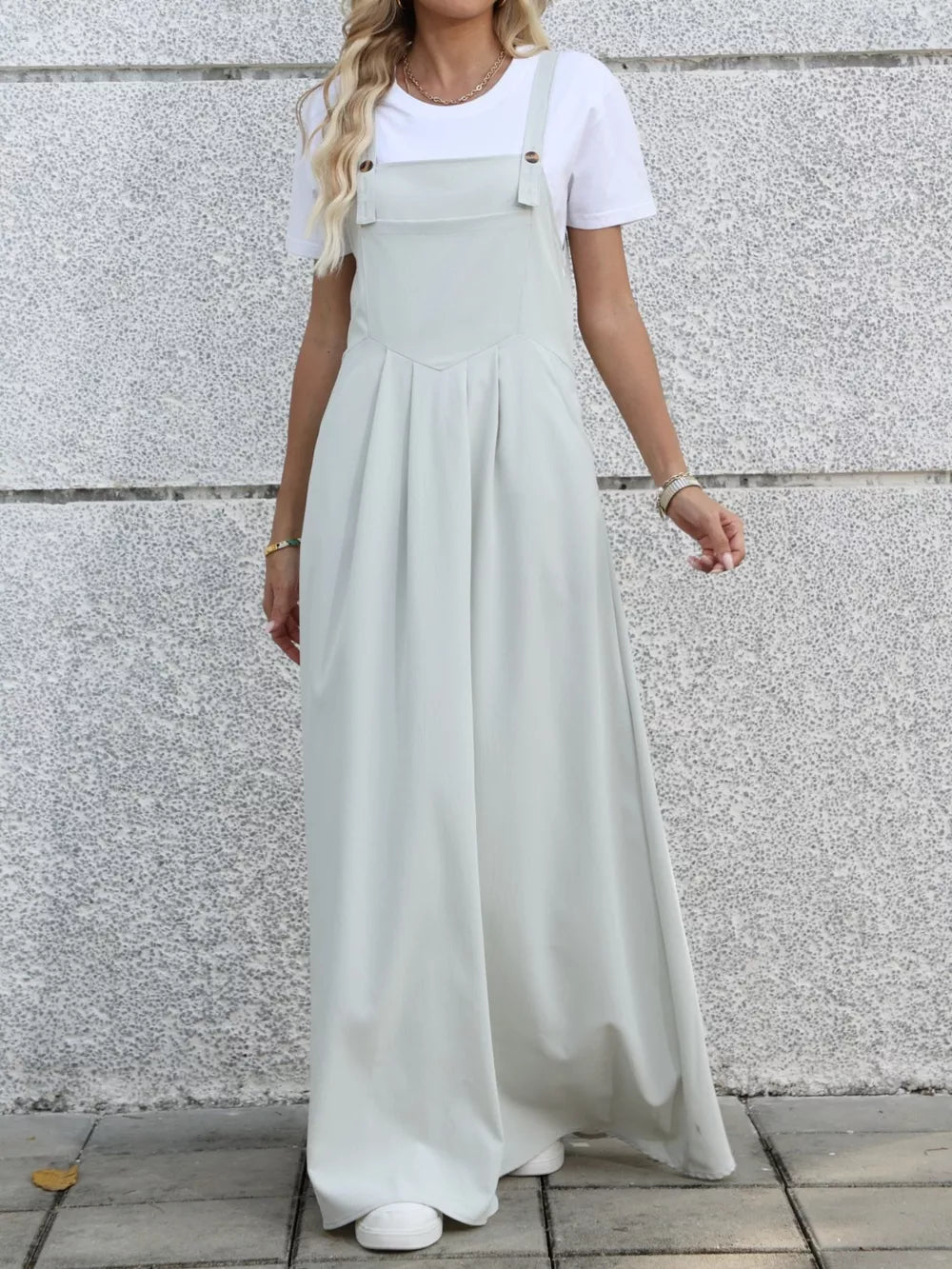 Pleated Detail Overall Dress in Grey, close-up detail