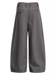 Grey pinstripe wide-leg men's sweatpants with buttoned back pocket detail.