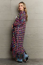 Chromatic crochet maxi cardigan with fringe detail in Multi color.