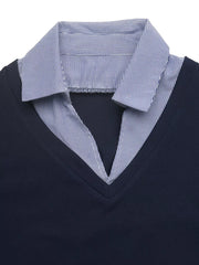 Contrast Collar Long Sleeve Top in Dark Blue, fabric detail