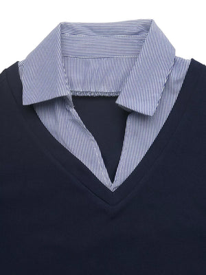 Contrast Collar Long Sleeve Top in Dark Blue, fabric detail