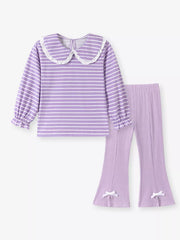 Children's Striped Ruffle Collar Top And Bow Flare Pants Set in Lavender, side view