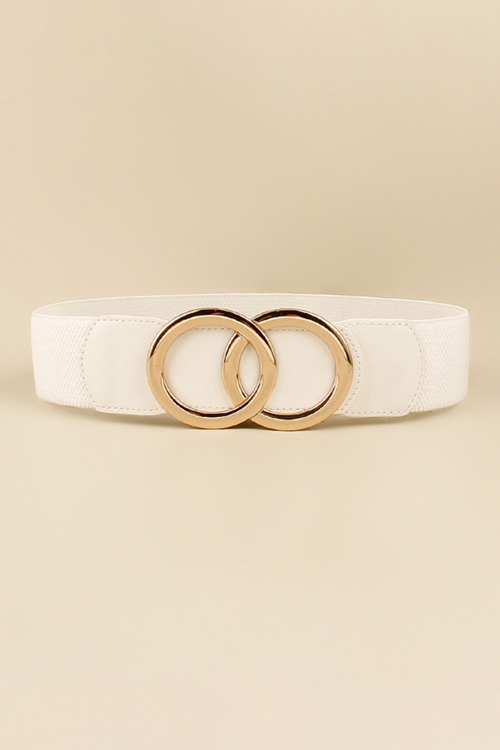 White elastic belt with interlocking gold rings