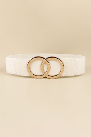 White elastic belt with interlocking gold rings