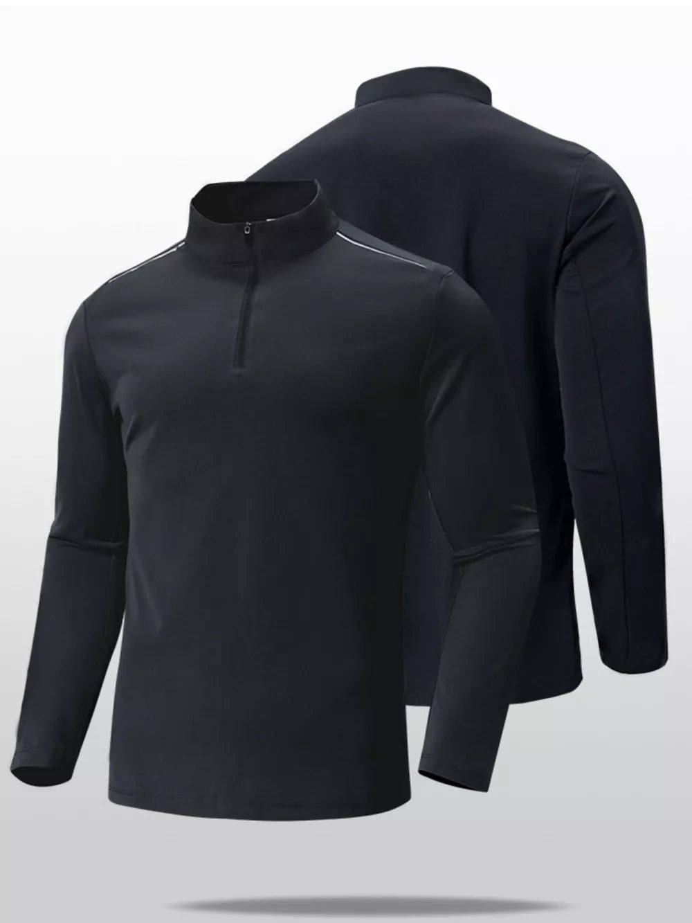 Black long sleeve active t-shirt with quarter-zip neckline and reflective shoulder detail