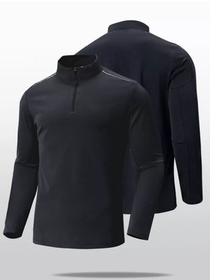 Black long sleeve active t-shirt with quarter-zip neckline and reflective shoulder detail