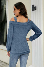Blue cold shoulder sweater with keyhole cutout detail and long sleeves