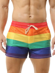 Rainbow mesh drawstring swim shorts with a relaxed fit and athletic style.