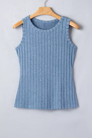 Textured blue ribbed slim-fit tank top with crew neck and sleeveless design.
