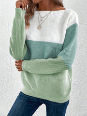 Colorblock ribbed knit sweater with boatneck in white, light blue, and gum leaf green.