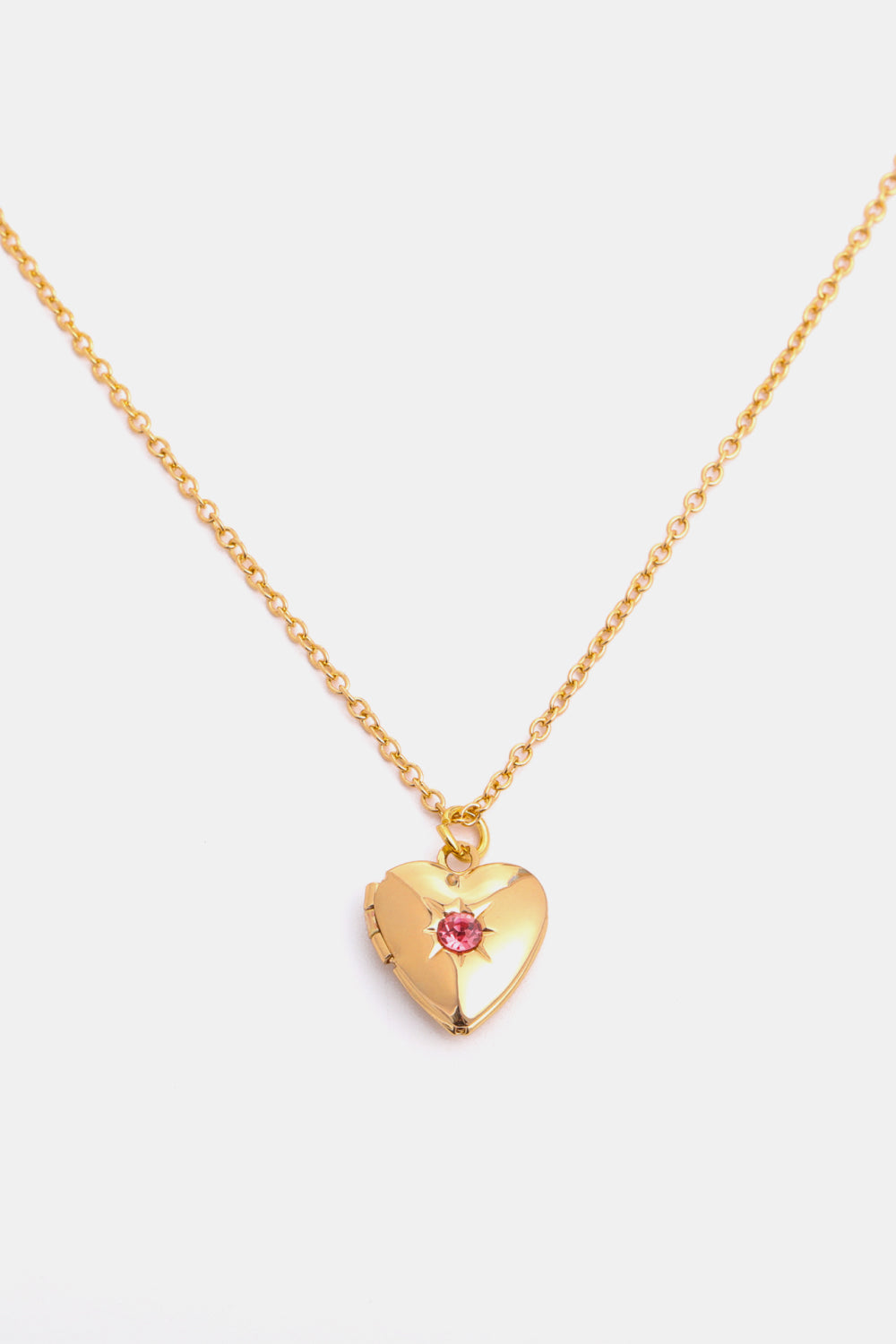 Gold heart locket necklace with pink gemstone, 14k gold chain