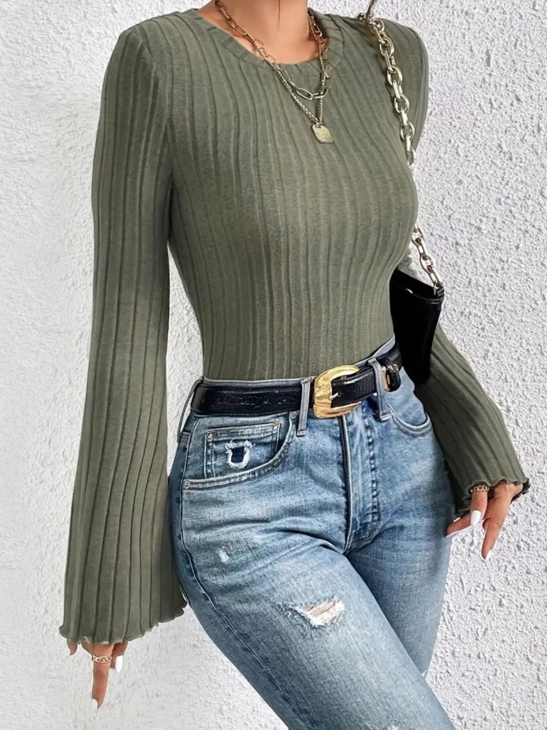 Army green ribbed knit top with scalloped bell cuffs and crew neck.