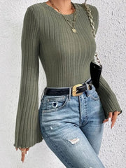 Army green ribbed knit top with scalloped bell cuffs and crew neck.