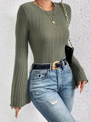 Army green ribbed knit top with scalloped bell cuffs and crew neck.