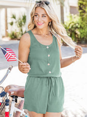 Gum Leaf button-front drawstring waist romper with scoop neck and sleeveless design.
