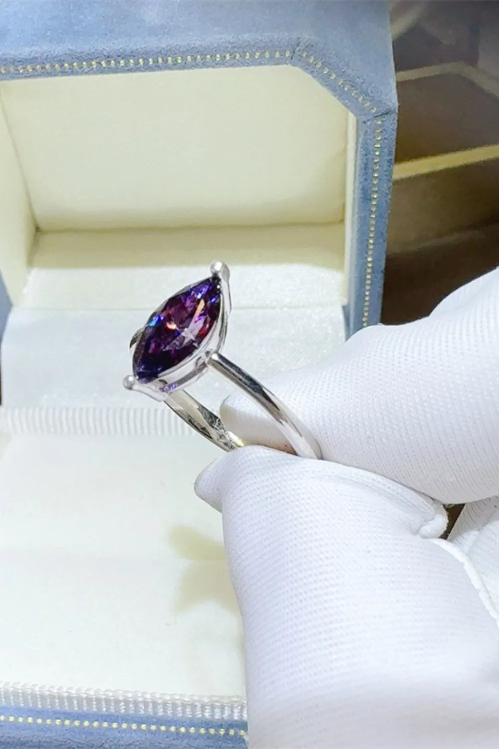 Marquise cut amethyst sterling silver ring with a simple band.