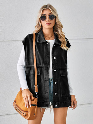 Black denim utility vest with button front and chest pockets