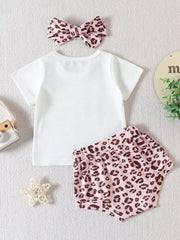 White cotton baby tee with leopard print shorts and matching headband