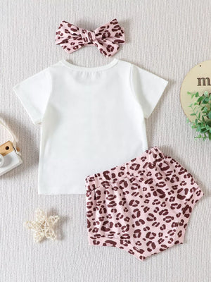 White cotton baby tee with leopard print shorts and matching headband