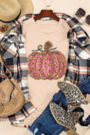 Tan graphic tee with glitter leopard pumpkin design