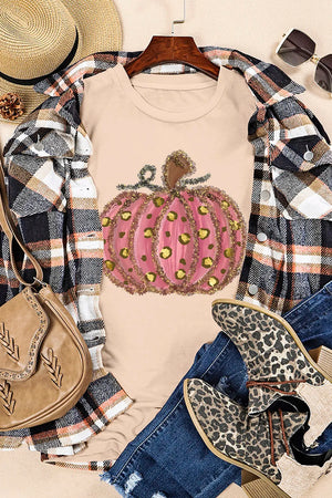 Tan graphic tee with glitter leopard pumpkin design