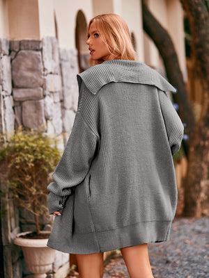 Grey hooded knit cocoon cardigan with oversized collar and pockets.
