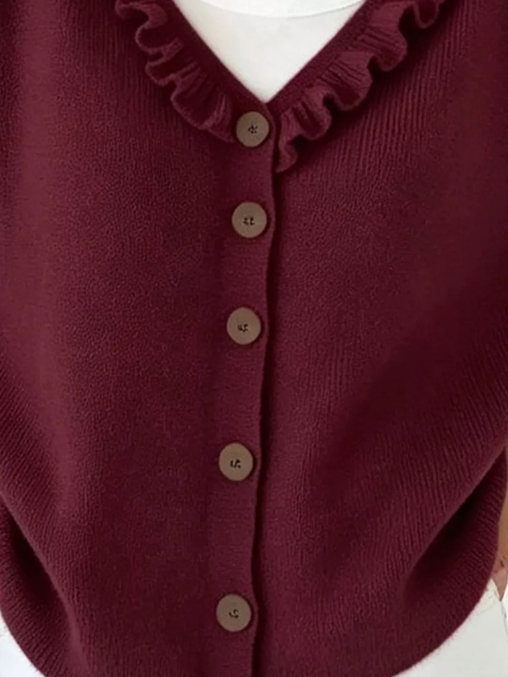 Ruffled Neckline Button-up Cardigan in White, view 11
