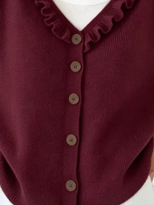 Ruffled Neckline Button-up Cardigan in White, view 11