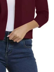Wine cropped elbow-sleeve open-front knit cardigan with ribbed cuffs.