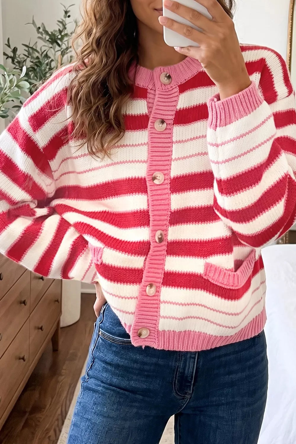 Stripe V Neck Long Sleeve Cardigan in Strawberry, front view