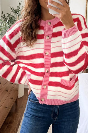 Stripe V Neck Long Sleeve Cardigan in Strawberry, front view