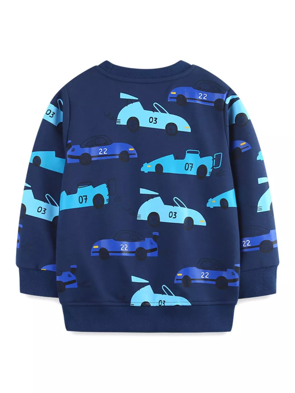 Navy crew neck sweatshirt with a racing car print in blue and light blue.