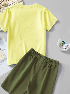 Toddler yellow cotton t-shirt and olive green shorts set with elastic waistband.