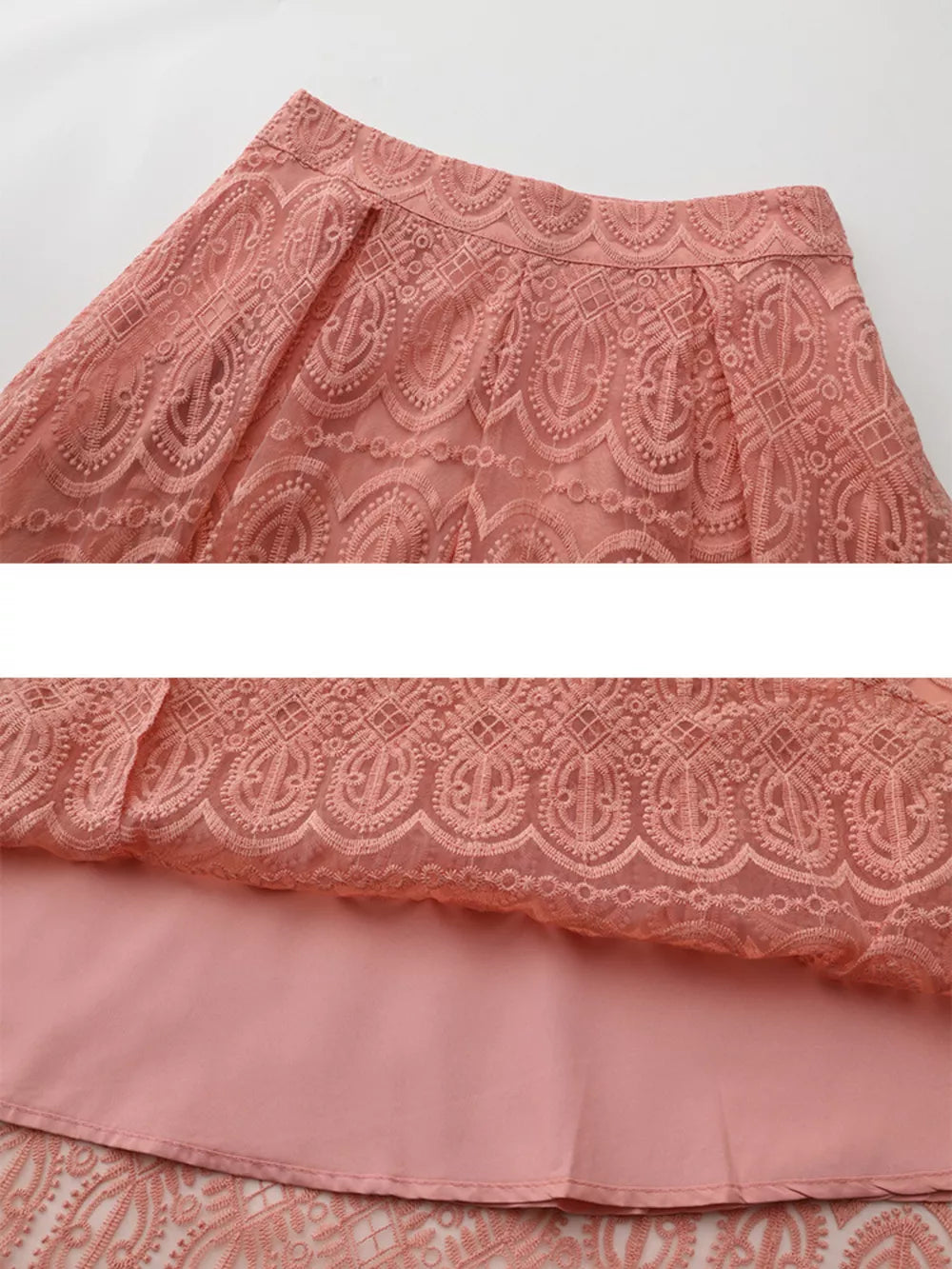Apricot lace two-piece set with embroidered details and a-line skirt.