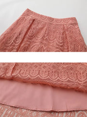 Apricot lace two-piece set with embroidered details and a-line skirt.