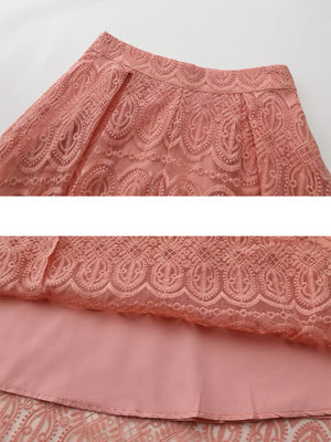 Apricot lace two-piece set with embroidered details and a-line skirt.