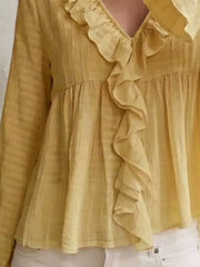 Ruffled V-neck Flounce Sleeve Blouse in Off-white, fabric detail
