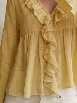 Ruffled V-neck Flounce Sleeve Blouse in Off-white, fabric detail